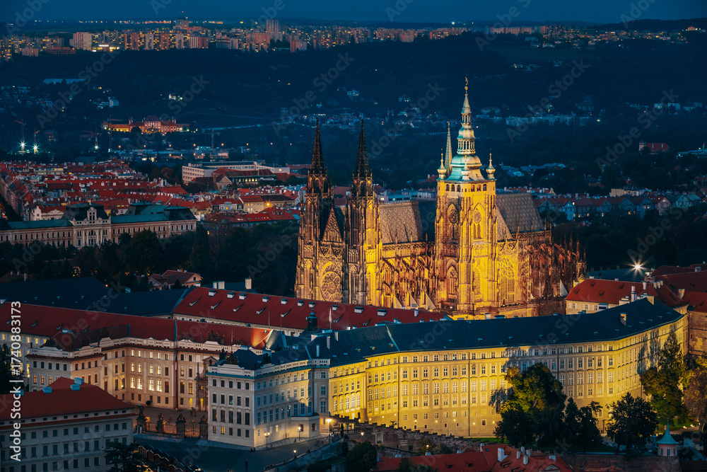 Fototapeta premium Prague, Czech Republic. Night View Of Prague Castle, St. Vitus Cathedral. Lesser Town, Prague Castle In Night Lighting Illumination. Famous Landmark, UNESCO World Heritage