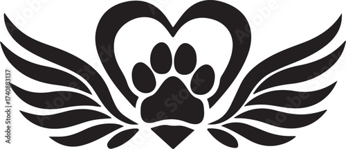 Vector art of dog paw print in heart with wings, pet memorial