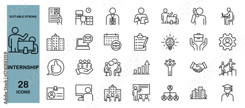 Internship Icon Set – Students, Training, Job, Resume, Interview, Teamwork, Business, Education, Mentor, ID, Phone Support. Editable Stroke, Vector Illustration