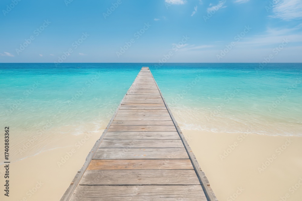 Fototapeta premium Wooden pier stretches out into turquoise ocean under a clear blue sky.