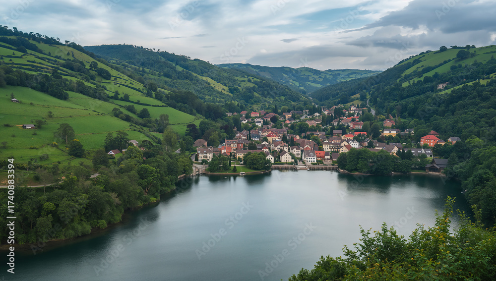 Fototapeta premium Idyllic lakeside view of a quaint town amidst green hills