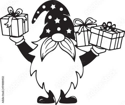 Vector art of funny gnome holding gift boxes