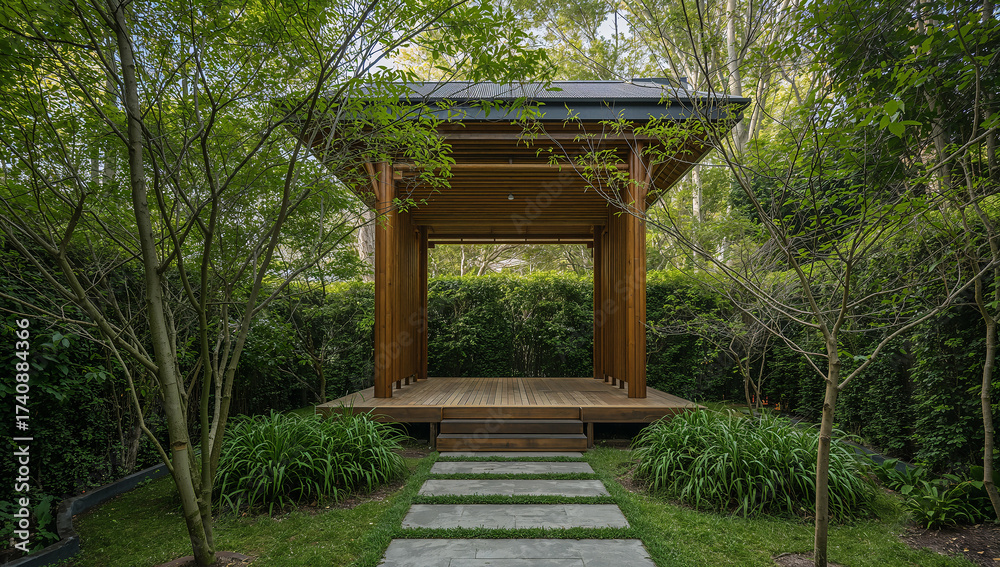 Obraz premium Elegant wooden pavilion nestled in lush green surroundings
