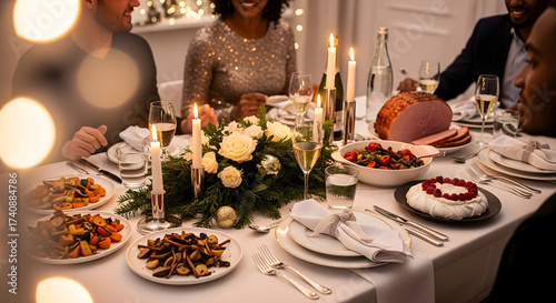 Wallpaper Mural Happy diverse group of friends having christmas dinner sitting around the table at home, new year celebration lunch party, decorated Christmas table, festive meal, dining, eating together, having fun. Torontodigital.ca