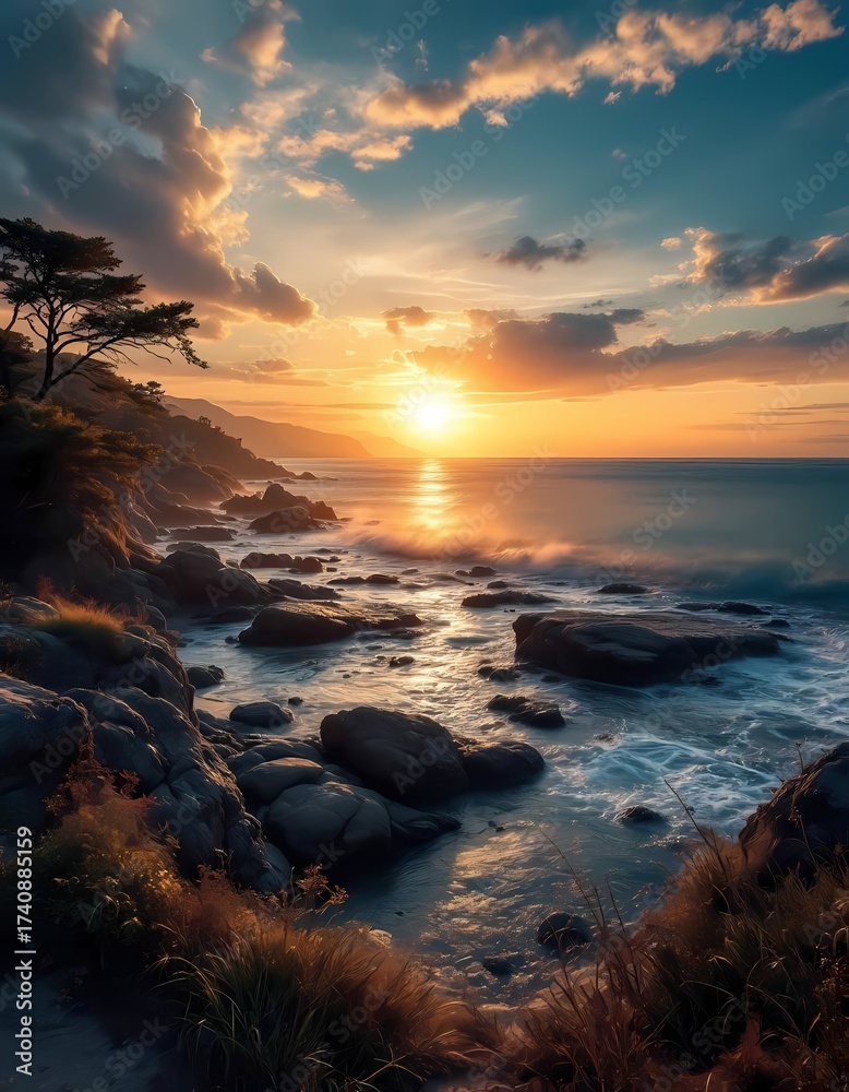 Obraz premium Golden sunset over rocky coastline with waves and glowing sky