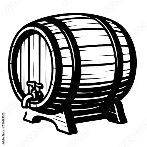 Classic wooden barrel with spigot on a stand, vintage monochrome vector illustration. Perfect for brewery, winery, distillery, pub, tavern, or cellar. Ideal for aging and dispensing beer, wine, whiske