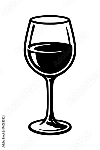 Elegant Black and White Vector Illustration of a Classic Wine Glass Filled with Rich Red Wine, Perfect for Menus, Invitations, or Digital Design Elements. A Sophisticated, Monochromatic Icon Represent