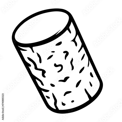Black and white vector outline illustration of a classic wine cork, a textured cylindrical bottle stopper. Perfect for beverage branding, winery logos, vintage designs, and eco-friendly themes, symbol