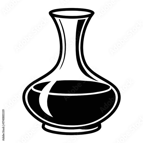 Vector illustration of an elegant glass decanter or carafe, featuring a sleek, modern design with a gracefully curved neck and a sturdy, bulbous base. The vessel is partially filled with a dark, rich