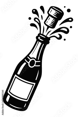 Dynamic monochrome illustration of a celebratory champagne bottle opening, featuring the cork flying out with effervescent liquid splashing, capturing the exhilarating moment of a festive toast, party