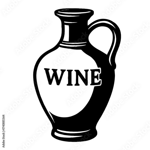 Black and white vector illustration of a vintage wine jug, classic pitcher or carafe with 'WINE' clearly displayed. Ideal for branding, menus, winery decor, beverage themes, graphic design projects, h