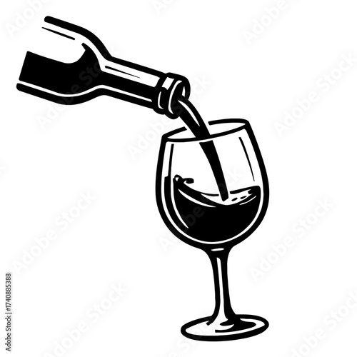 Black and white vector illustration of red wine being poured from a glass bottle into an elegant stemmed wine glass, creating a dynamic splash. Ideal for beverage menus, bar decor, vineyard promotions