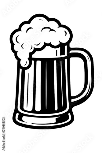 Classic black and white vector illustration of a traditional beer mug, overflowing with frothy foam. Ideal for brewery branding, pub signs, bar menus, Oktoberfest themes, beverage promotions. A timele