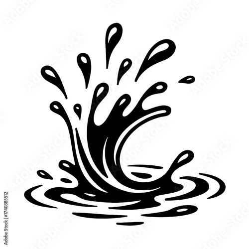 Dynamic black liquid splash illustration, showcasing a vibrant eruption of fluid with energetic droplets scattering from a ripple-filled surface, perfect for abstract design, water themes, motion grap