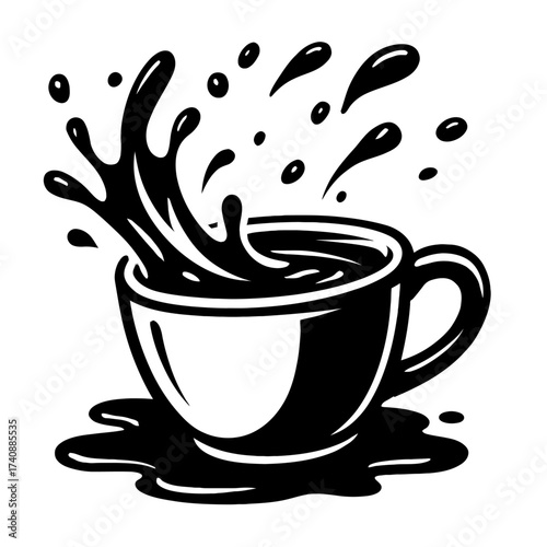 Dynamic Black & White Coffee Splash Illustration: Energetic liquid erupting from a classic mug with expressive droplets. Ideal for cafe branding, beverage marketing, digital graphics, modern designs,