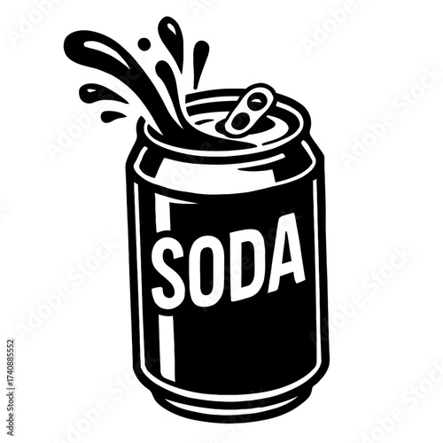 Dynamic black and white vector illustration of an open soda can with an energetic liquid splash, symbolizing refreshing, fizzy, carbonated beverage. Ideal for design, branding, advertising, conveying