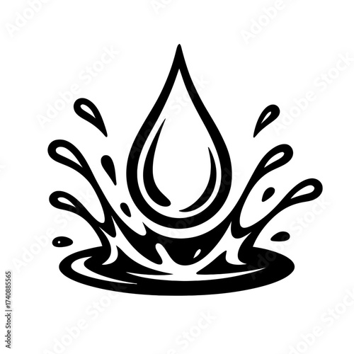 Dynamic vector art of a water drop splashing, creating ripples & spray. Clean B&W design symbolizes purity, freshness, hydration, natural resources, eco values. Ideal for logos, health, & environmenta