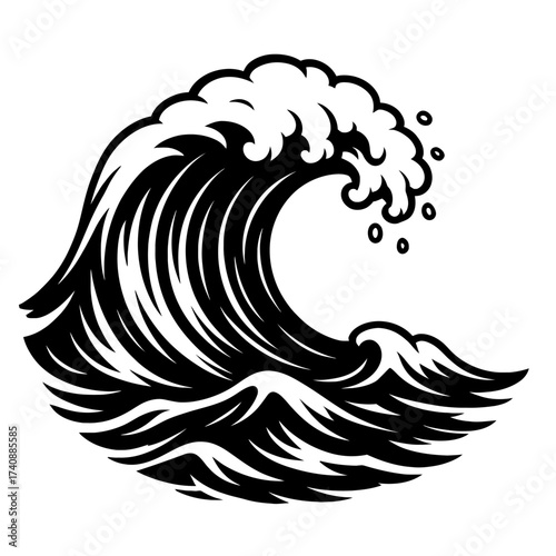 Black and White Ocean Wave Vector Illustration, featuring a powerful breaking sea swell with a traditional Japanese aesthetic, perfect for surfing, coastal designs, logos, and nature-inspired art proj