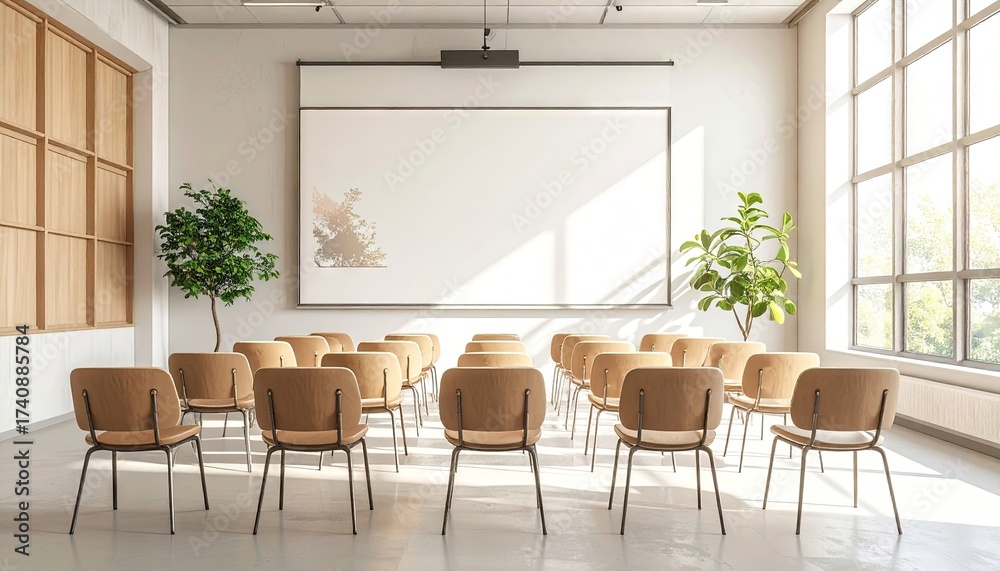 Fototapeta premium Bright Meeting Room with Empty Chairs Screen Plants Natural Light Streaming Through Windows Awaiting Presentation in White Brick Interior with Modern Design