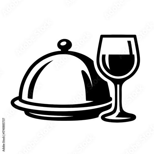 Elegant black silhouette icon of a classic silver cloche food cover on a serving platter beside a sophisticated wine glass filled with red wine, symbolizing fine dining, restaurant service, gourmet fo
