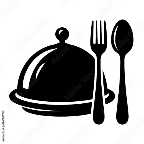 Black silhouette icon of a restaurant cloche, tray, fork, spoon. Perfect for premium food service, fine dining, gourmet meals, hospitality, catering, menus, web, apps, branding. Symbolizes quality cui