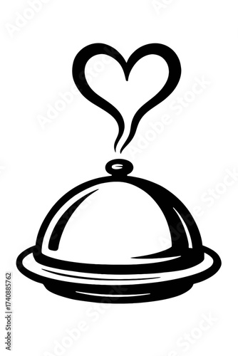 Elegant black and white vector illustration of a classic food cloche with a steaming, stylized heart rising from its top, symbolizing love, passion, and gourmet dining experiences for romantic meals o