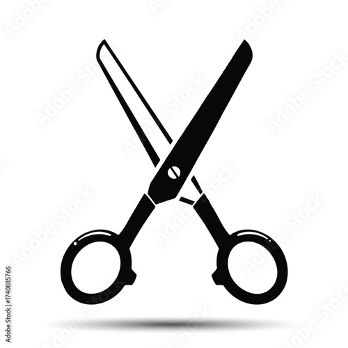 A black silhouette of an open pair of scissors with a subtle shadow beneath them, symbolizing cutting or trimming