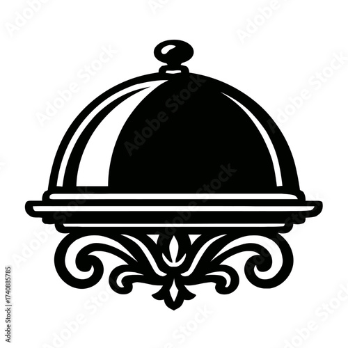 Elegant Black Silhouette of a Classic Food Cloche with Ornate Decorative Stand – Perfect for Luxury Dining Experiences, Restaurant Service, Gourmet Food Presentation, Hotel Room Service, and Upscale C
