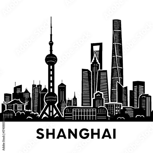 Shanghai skyline silhouette with Oriental Pearl TV Tower, Shanghai Tower, World Financial Center, Jin Mao Tower. Iconic black and white vector of China's modern metropolis, perfect for travel, urban d