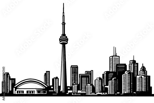 Toronto skyline silhouette featuring iconic CN Tower and Rogers Centre, a minimalist black and white vector art representation of the Canadian city's urban landscape and famous landmarks, ideal for gr