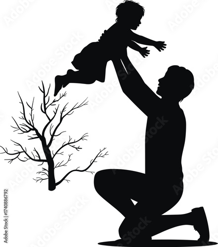 Black Silhouette of Father Kneeling and Tossing His Child in the Air, Symbolizing Parental Love, Protection, and Joy, with Small Bare Tree.