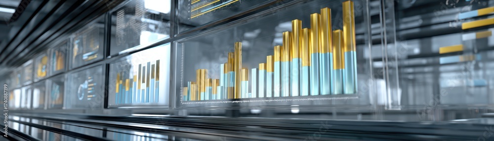 Obraz premium A sleek, modern digital interface displays dynamic graphs and charts, emphasizing data visualization in a futuristic setting, virtual multi dashboards for presentation