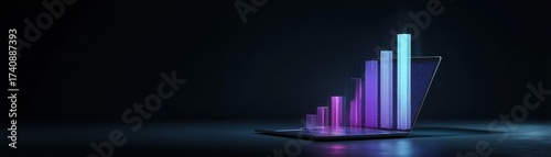 A futuristic laptop displaying vibrant, 3D bar graphs, symbolizing data visualization and analytics in a dark, sleek environment, virtual multi dashboards for presentation