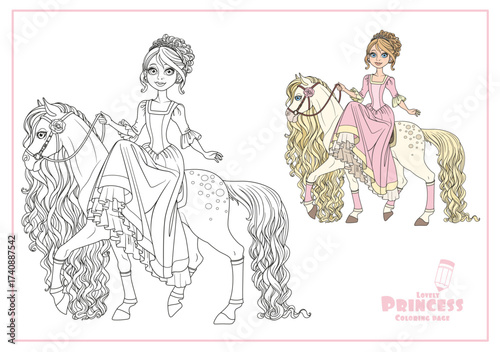 Cute princess on horse with a long mane color and outlined isolated on a white background