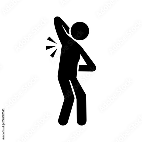 Stickman armpit smell symbol, sweating person silhouette, body odor hygiene problem, deodorant advertising concept, flat black vector icon isolated on white.