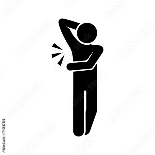 Vector stickman sweating with armpit stink lines, body odor and hygiene problem symbol, deodorant advertisement, flat silhouette icon isolated on white.