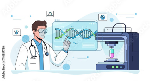 Doctor uses advanced technology to analyze DNA and create custom medicine in a futuristic laboratory setting