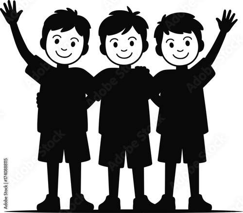 Black Silhouette of Three Happy Boys Hugging, Friends Standing Together with Arms Raised, Cartoon Illustration Representing Childhood, Friendship, and Teamwork.