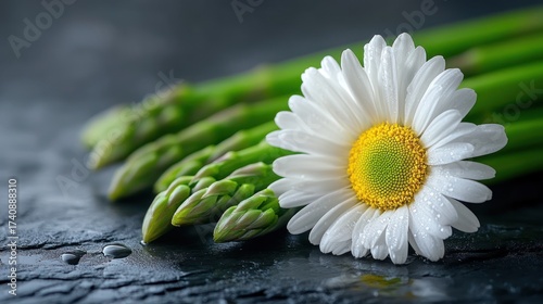 Fresh Asparagus and Daisy with Water Droplets