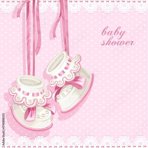 Baby shower card with pink booties and lace