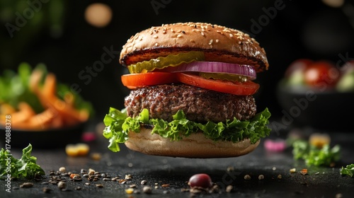 Delicious Gourmet Burger Levitating with Fresh Ingredients
