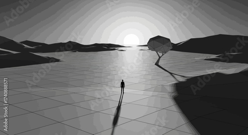 A solitary figure gazes at a vast, serene landscape during a breathtaking sunset, with a lone tree casting a long shadow