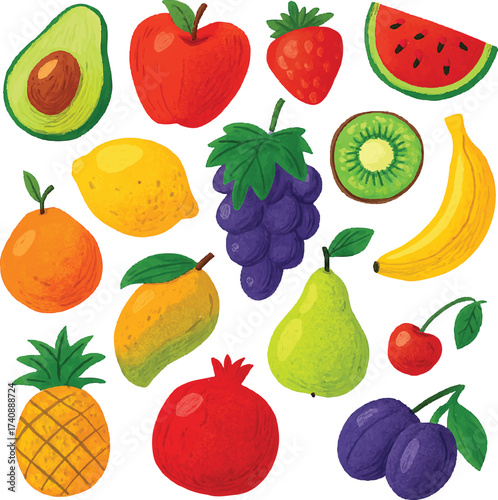 A colorful collection of fresh fruits and berries like apple, orange, pineapple, strawberry, banana, pear, lemon, cherry, kiwi, watermelon, grape, and peach, isolated on white