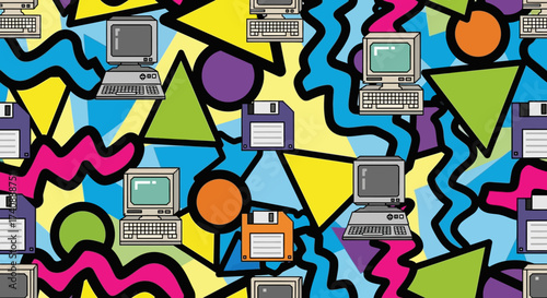 Nostalgic 1990s technology seamless pattern featuring vintage personal computers and floppy disks with colorful geometric elements