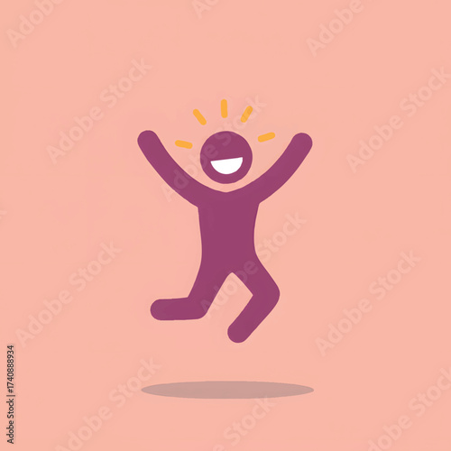 Joyful purple stick figure jumping in celebration, happy character icon expressing excitement and success
