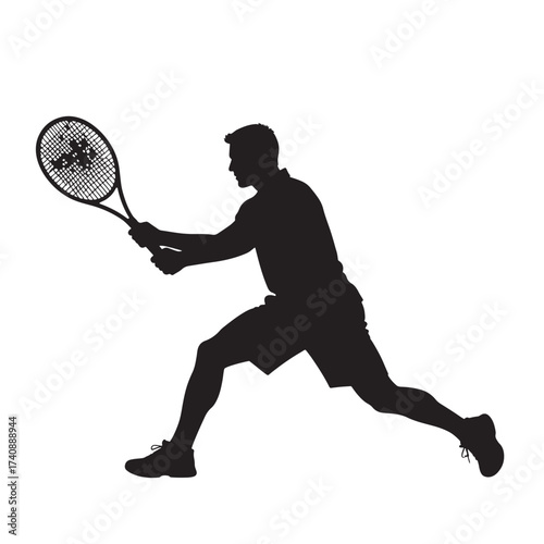 Silhouette of a male tennis player in action, hitting a forehand shot on a white background.