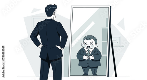 Mirror Reflection Businessman Confronting His Self-Perception, Illustrating Self-Image and Confidence