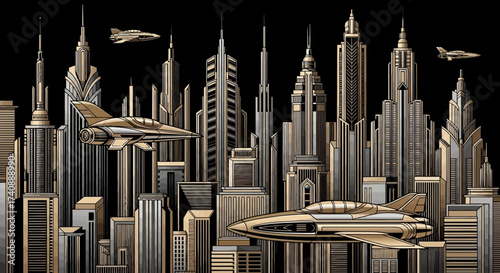 Futuristic Cityscape with Flying Jets Against a Dark Sky