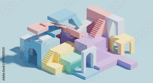 A whimsical architectural illusion featuring a complex maze of pastel-colored stairs and arches rendered in an isometric 3D style