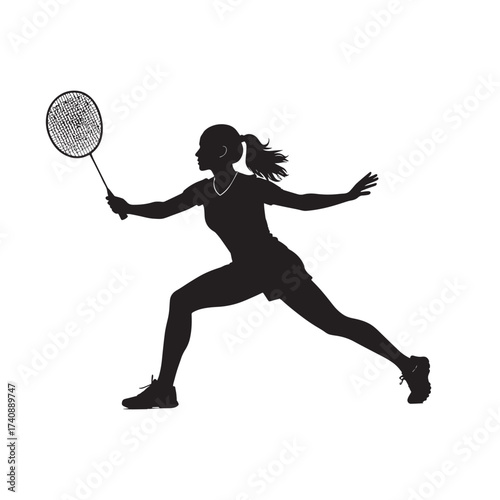 Silhouette of a female badminton player in an active pose, holding a racket, ready to hit a shuttlecock.